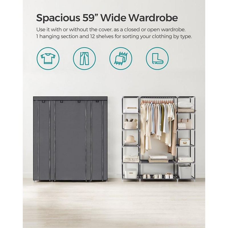 SONGMICS 59" Closet Wardrobe Portable Closet Organizer Storage Clothing Rack Shelf with Non-Woven Fabric Cover Gray