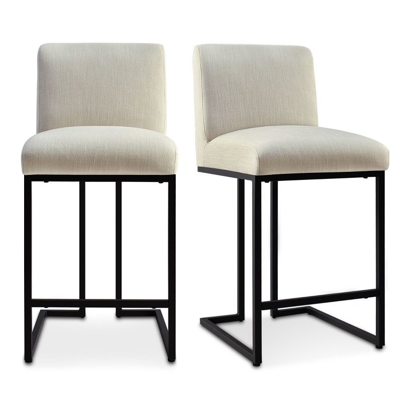 Set of 2 Upholstered Counter Height Bar Stools, 25" Armless Fabric Seat with Black Metal Sled Legs for Kitchen Island & Home Bar-Maison Boucle