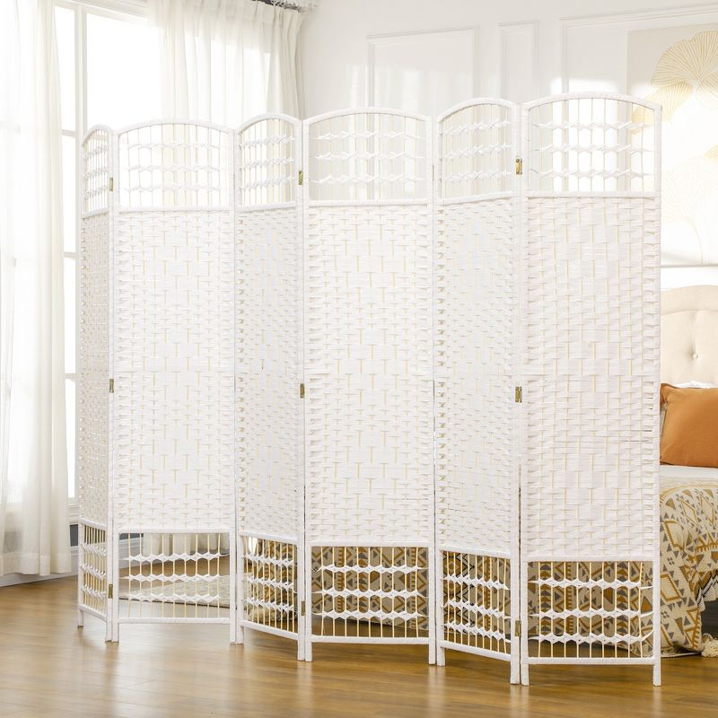 HOMCOM 6 Panel Room Divider Folding Privacy Screen, 5.6' Room Separator, Wave Fiber Freestanding Partition Wall Divider for Rooms, White