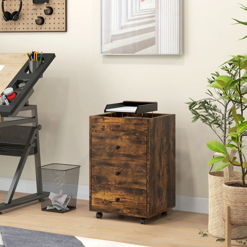 HOMCOM 3 Drawer Vertical File Cabinet, Mobile Filing Cabinet with Removable Tray, Under Desk Printer Stand with Storage for Home Office, Brown