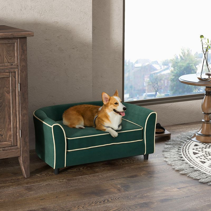 PawHut Dog Sofa, Fancy Pet Bed, Modern Dog Couch for Small and Medium Dogs, with Soft Cushion, Washable and Removable Cover, Dark Green