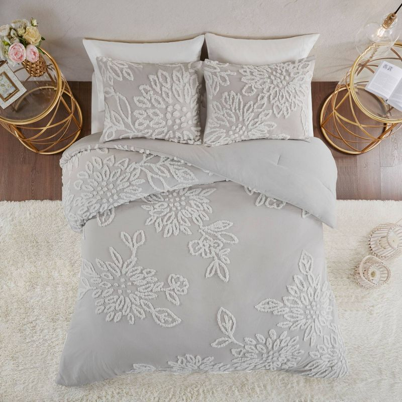 3pc Full/Queen Danica Tufted Cotton Chenille Floral Duvet Cover Set Gray/White - Madison Park