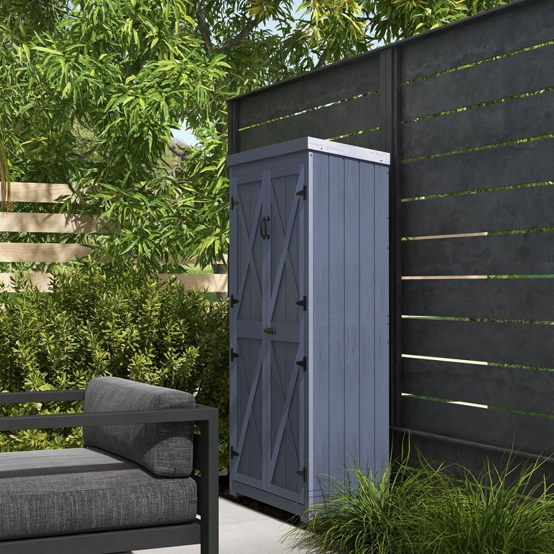 Outsunny Outdoor Storage Cabinet, Wooden Garden Storage Shed with Waterproof Galvanized Metal Roof, Gray