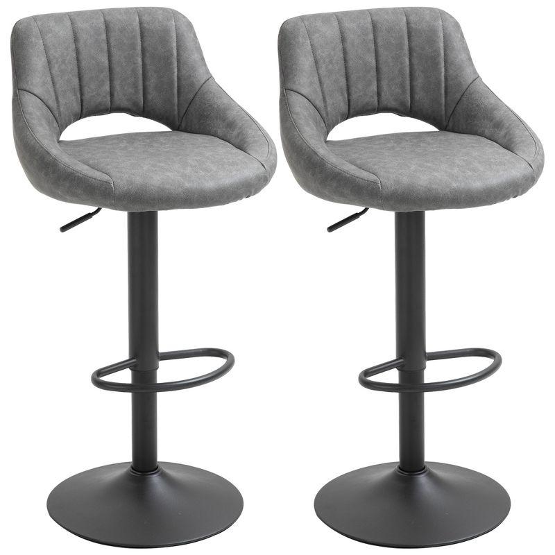 HOMCOM Modern Bar Stools Set of 2 Swivel Bar Height Barstools Chairs with Adjustable Height, Round Heavy Metal Base, and Footrest, Gray