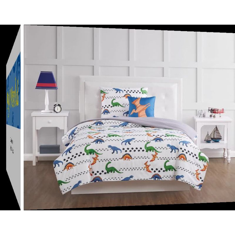 Twin 3pc Dino Tracks Reversible Kids' Comforter Set White - My World: Dinosaur Bedding for Boys, Includes Pillow Sham