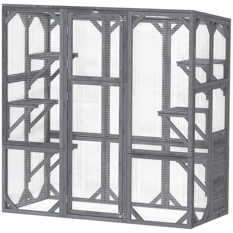 PawHut Catio Outdoor Cat Enclosure, Large Wooden Cat House with 6 Jumping Platforms, Weatherproof Roof, for 1-3 Cats, 59" x 28" x 60", Gray