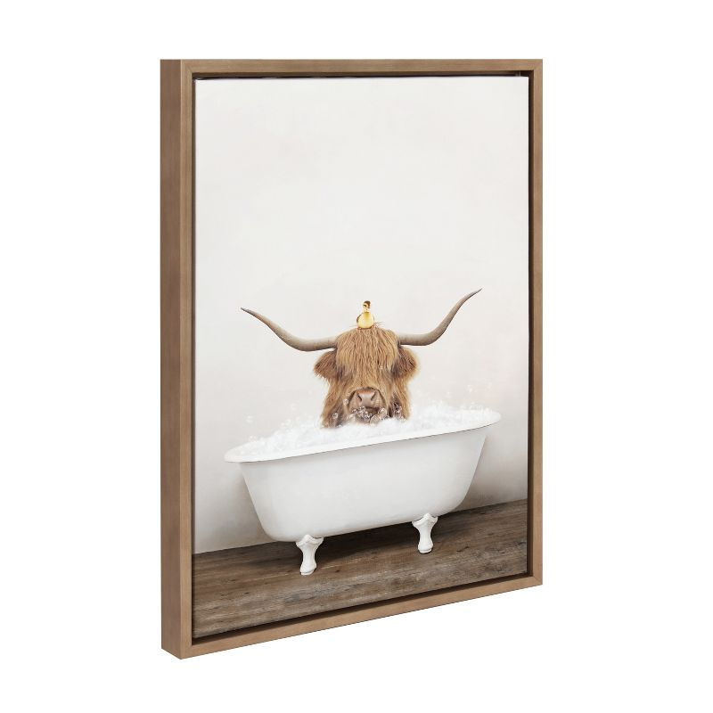 Kate and Laurel Sylvie Highland Cow and Duckling in Rustic Bath Framed Canvas by Amy Peterson Art Studio, 18x24, Gold