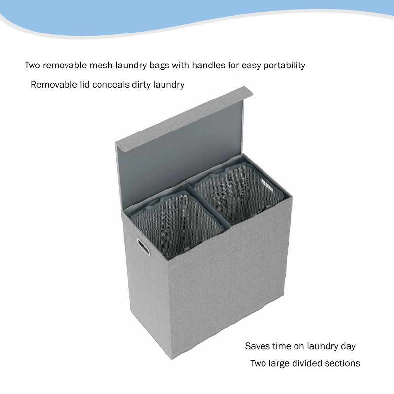 Hastings Home Collapsible Double Laundry Hamper / 2-Section Clothing Sorter With Removable Lid and Mesh Liner Bags - 25.5" x 14.5", Gray