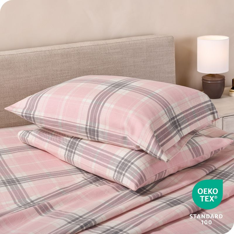 Aurora Plaid - Pink Cotton Flannel Full Sheet Set by Bare Home