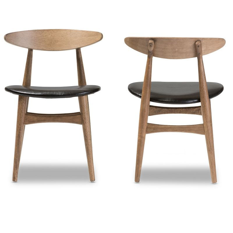Set of 2 Edna Mid-Century Modern Dining Chairs: Black Faux Leather & Oak - Baxton Studio
