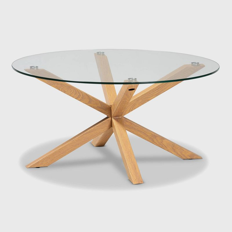 Lida Glass and Wood Finished Coffee Table Clear/Natural - Baxton Studio: Mid-Century Modern, 4 Point Leg Frame