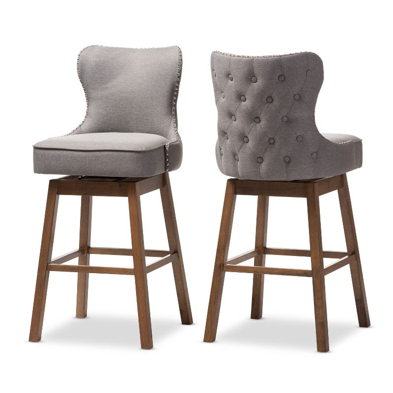 Gradisca Swivel Barstools with Button-Tufting & Nail Heads Trim: Polyester Upholstery - Baxton Studio