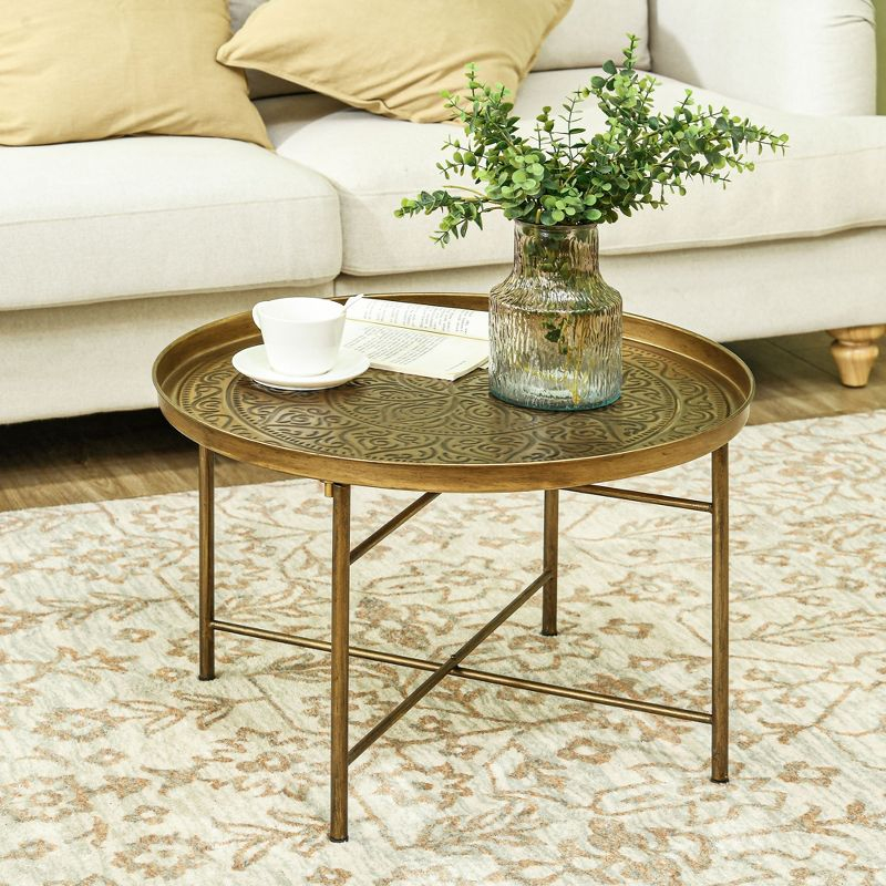 HOMCOM 24" Round Coffee Table with Hammered Tray Top, Vintage Metal Center Table for Living Room, Bedroom, Side Table, Gold