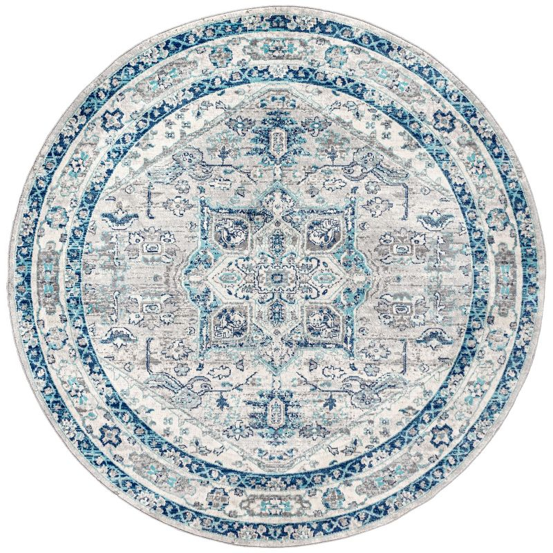 6' round Modern Persian Vintage Medallion Area Rug, Light Grey/Blue - JONATHAN Y