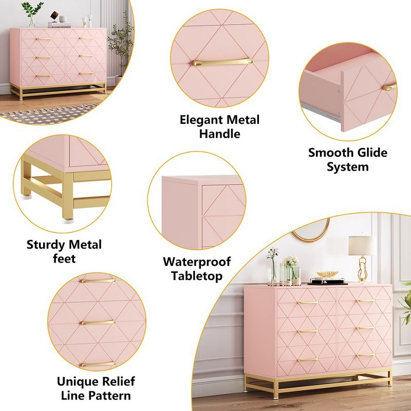Garvee Dresser for Bedroom with 6 Drawer, Wood Dressers Chest of Drawers with Wide Drawers and Metal Handles for Living Room Hallway Entryway, Pink