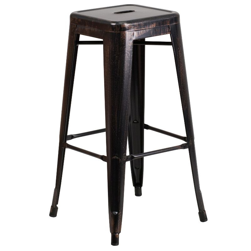 Flash Furniture Commercial Grade 30" Round Black-Antique Gold Metal Indoor-Outdoor Bar Table Set with 4 Square Seat Backless Stools