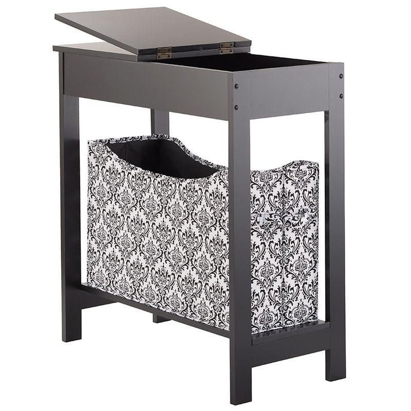 The Lakeside Collection Side Table with Fashion Print Storage Bin - Black with Black Fabric Basket
