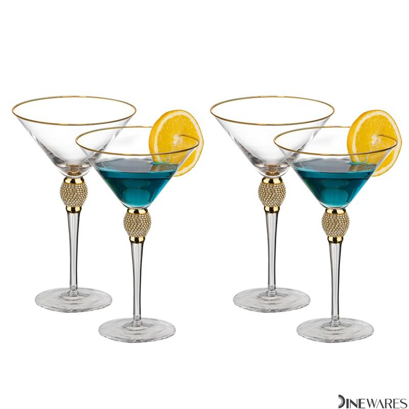 Dinewares Clear Stem Crystal Martini Glasses with Rim and Diamond-like Rhinestones, Elegant 10oz Glassware Set for Cosmopolitan Vodka, Gold Set of 4