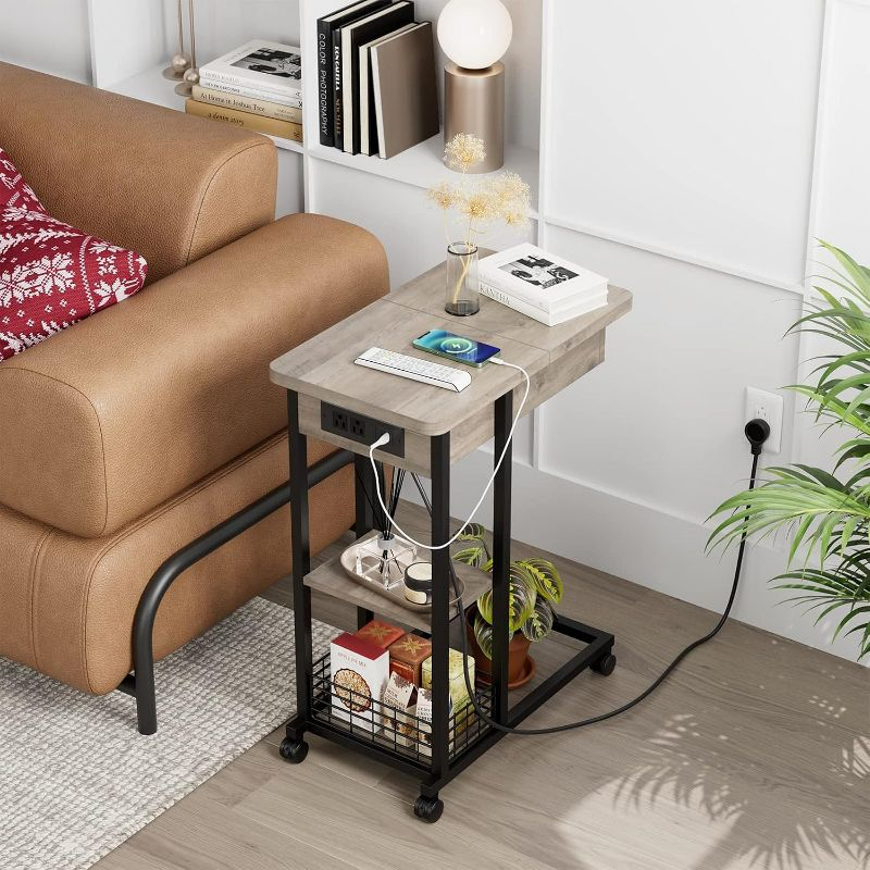 C-Shaped Side Table with Charging Station, Flip Top End Table with USB Ports and Outlets