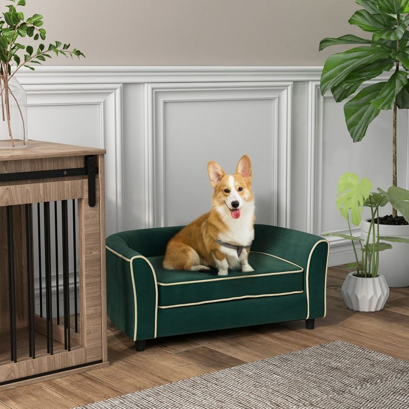 PawHut Dog Sofa, Fancy Pet Bed, Modern Dog Couch for Small and Medium Dogs, with Soft Cushion, Washable and Removable Cover, Dark Green