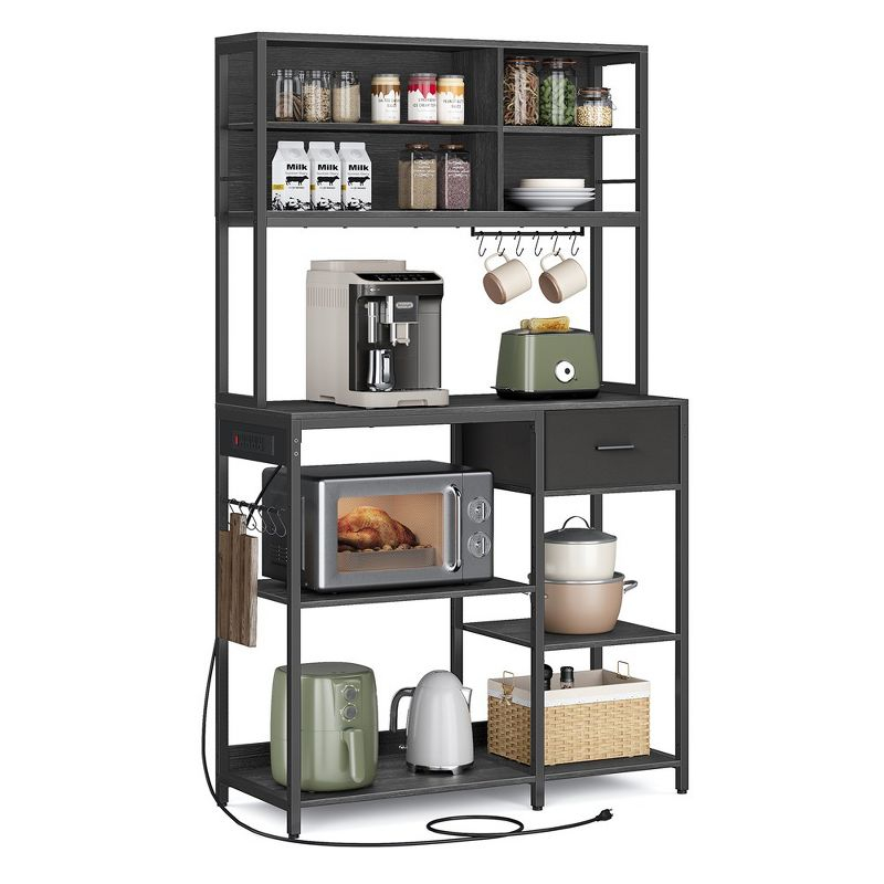 VASAGLE Bakers Rack with Charging Station, Coffee Bar Stand with Adjustable Storage Shelves, Fabric Drawer, 12 Hooks,Charcoal Gray and Ink Black