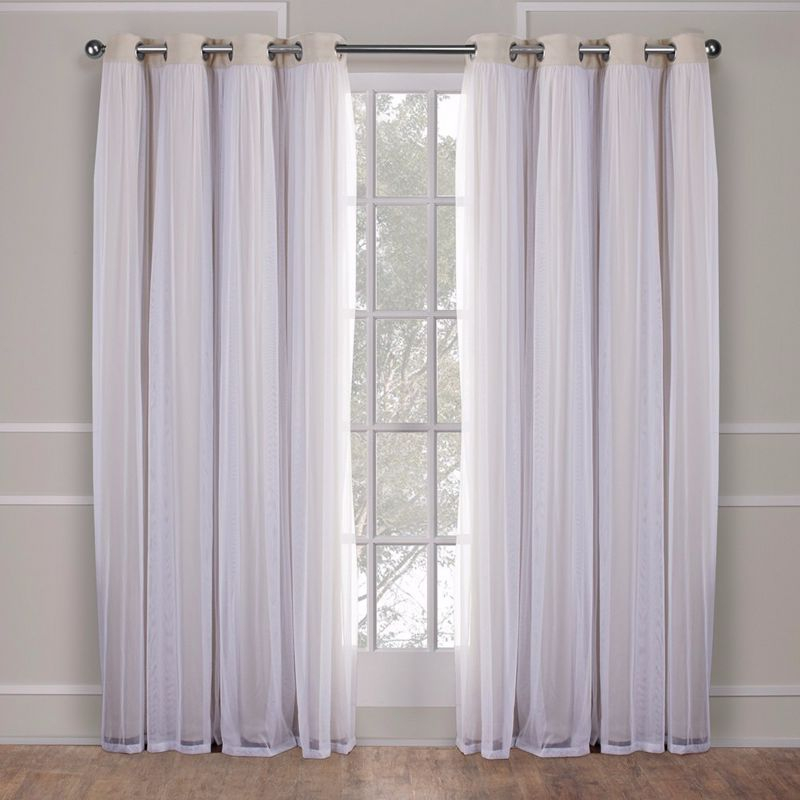 Set of 2 (63"x52") Caterina Layered Solid Blackout with Sheer Top Curtain Panels Sand - Exclusive Home: Thermal Insulated