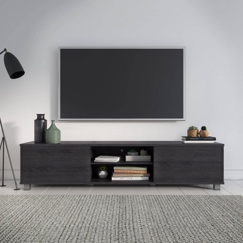 CorLiving Hollywood TV Stand for TVs up to 85" with Doors Wood Grain Dark Gray: Modern Media Console, Adjustable Shelves