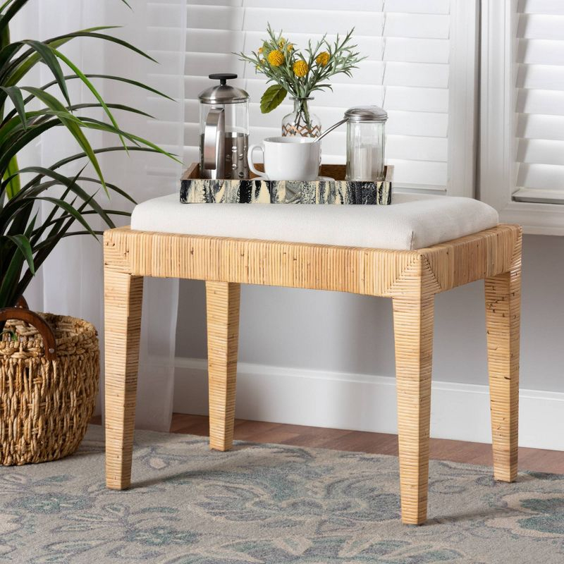 Sofia Rattan and Mahogany Wood Ottoman White/Natural Brown - Baxton Studio: Handmade, No Assembly Required