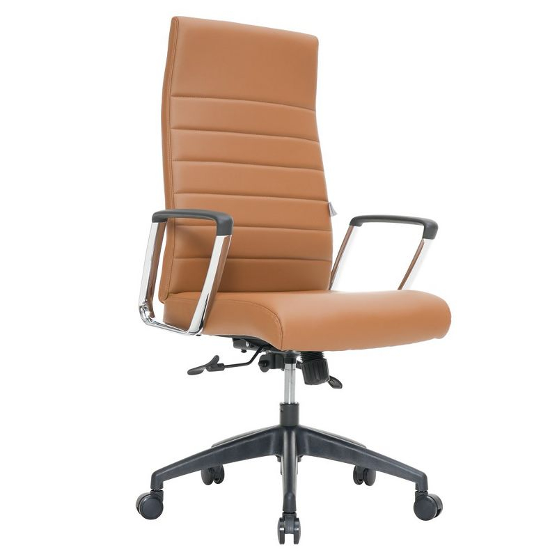 LeisureMod Hilton High-Back Adjustable Office Conference Chair Upholstered in Leather with Steel Frame in Light Brown