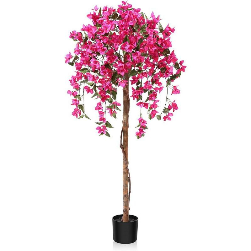 5FT Artificial Bougainvillea Tree Potted Fake Plant with Wood Trunk and Pink Flowers for Indoor Office Wedding Home Decor
