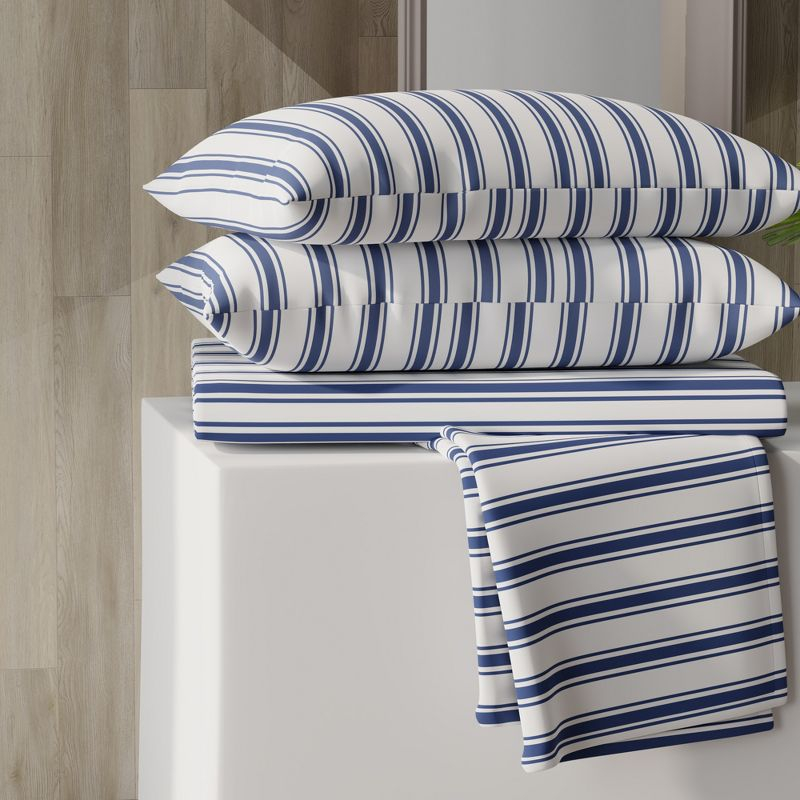 Color Sense Percale Weave Cool & Crisp Cotton Rich Sheet Set, King, Navy Stripe, 4 piece