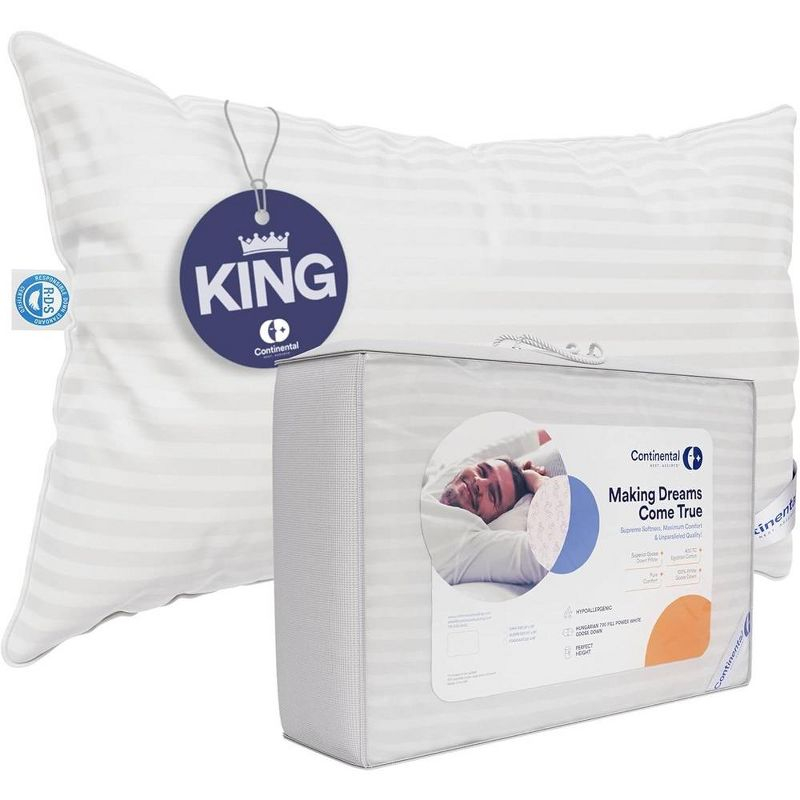 Continental Bedding Soft 700 Fill Power Goose Down Pillow King Size Pack of 1