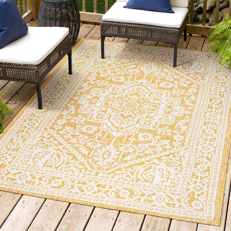 9' x 12' Sinjuri Medallion Textured Weave Indoor/Outdoor Area Rug, Yellow/Cream - JONATHAN Y
