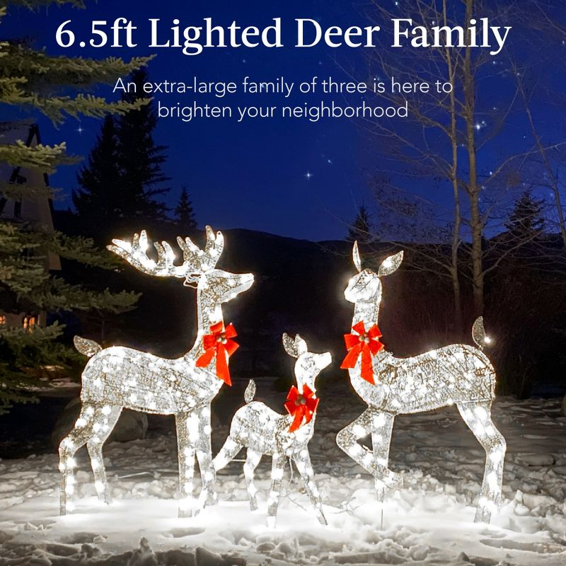 Best Choice Products 6.5ft 3-Piece Lighted Christmas Deer Set Outdoor Yard Decoration w/ 385 LED Lights, Stakes - Silver