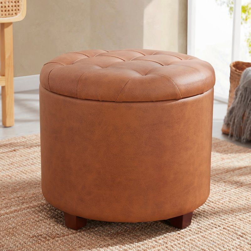 Ornavo Home Faux Leather Upholstered Round Tufted Storage Ottoman with Wooden Legs - Cognac