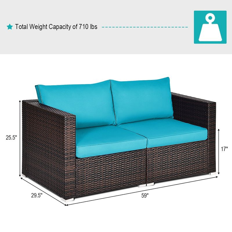 Costway 2PCS Patio Rattan Corner Sofa Sectional Furniture Blue Cushion