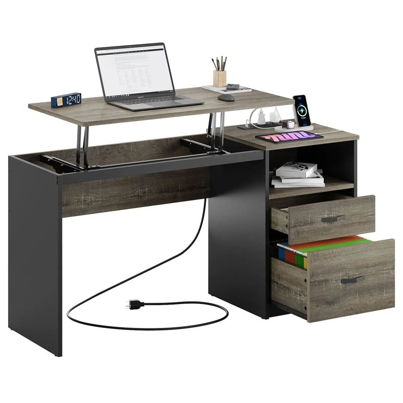 Bestier 60" L Shaped Desk with Power Outlets & Drawer, Lift Top Corner Computer Desk with Storage Shelves, Large Workstation for Home ,Gray