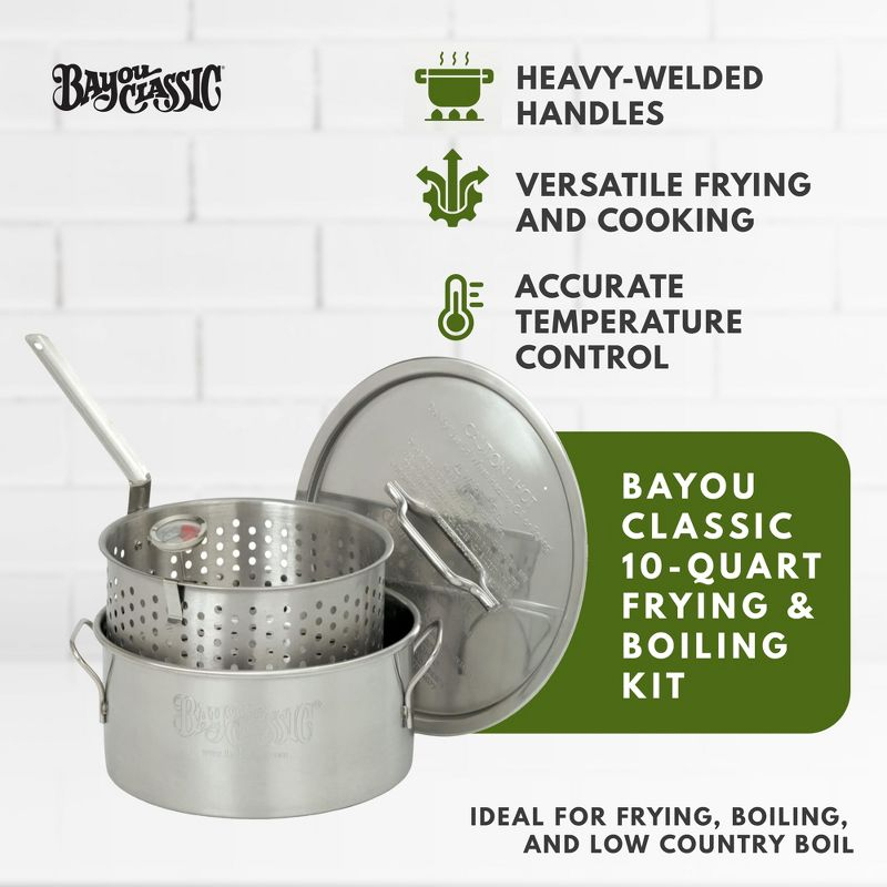 Bayou Classic 10-Quart Stainless Steel Lidded Kitchen Deep Frying Pot with Handles, Fry Perforated Basket, and Thermometer, Silver