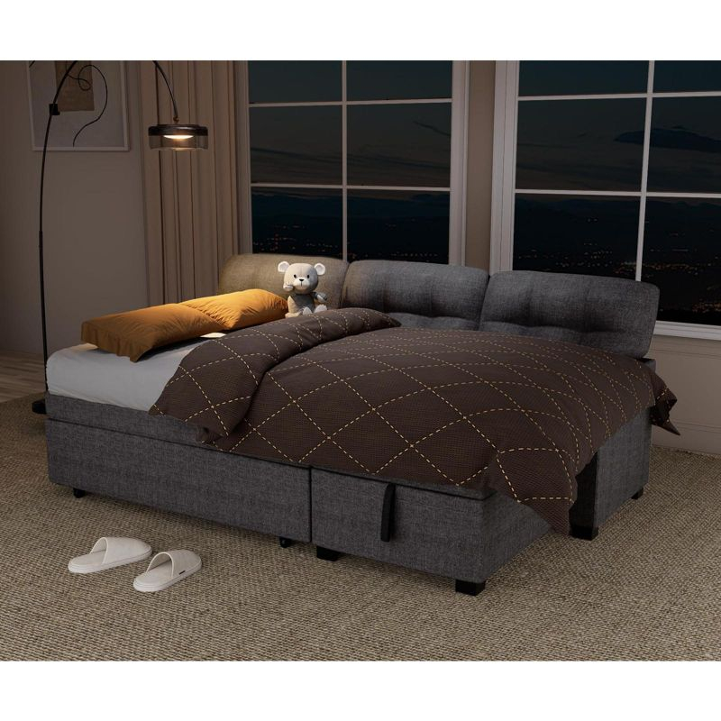 TIRAMISUBEST Reversible Sectional Sofa Couch with Sleeper Bed and Chaise Storage¨CLight Grey Linen Fabric, Pull-Out Couch for Living Room