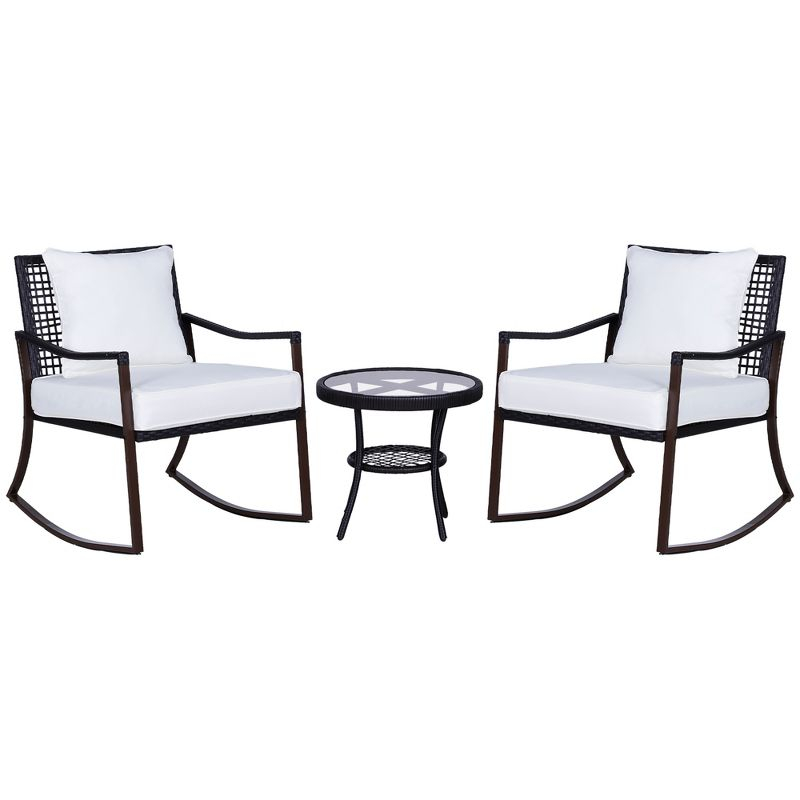 Outsunny 3-Piece Bistro Set Outdoor Wicker Furniture Set with Rattan Rocking Chair, Side Table for Patio Backyard Garden and Balcony