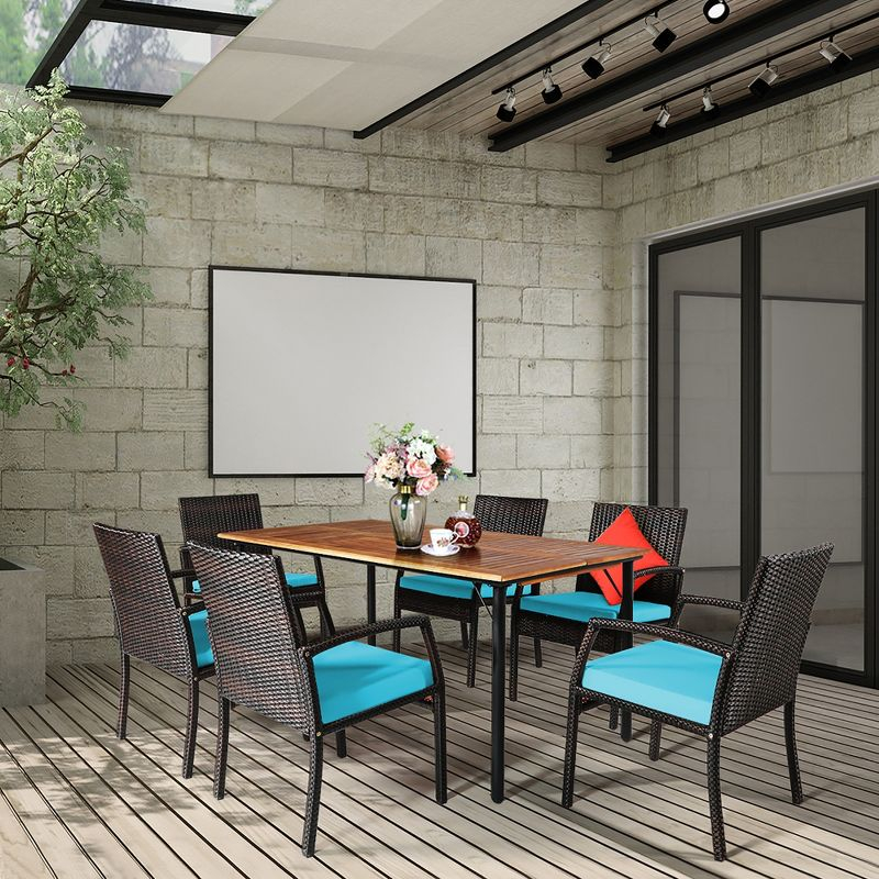 Costway 7PCS Patio Rattan Dining Chair Table Set with Cushion Umbrella Hole Turquoise