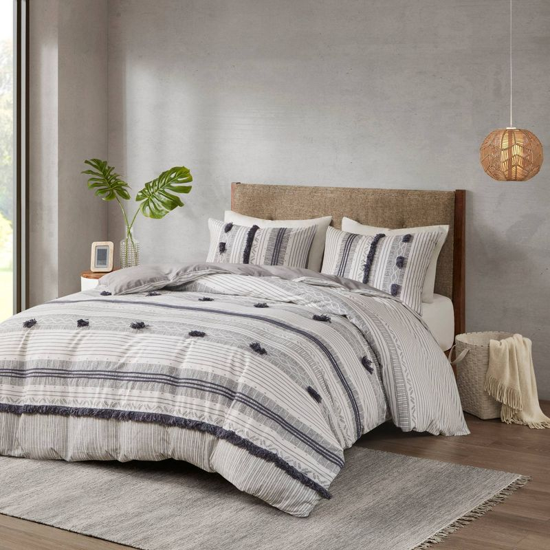 Ink+Ivy 3pc Full/Queen Cody Cotton Duvet Cover Set Gray/Navy: Woven Stripe, Lightweight, OEKO-TEX Certified
