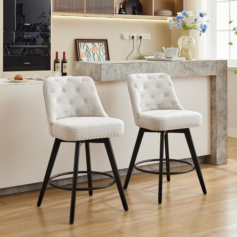 Counter Bar Stools Set of 2, Modern Swivel Bar Stools with Back and Wood Legs, 26" H Upholstered Bar Chair for Kitchen Island Home Bar, Linen Beige