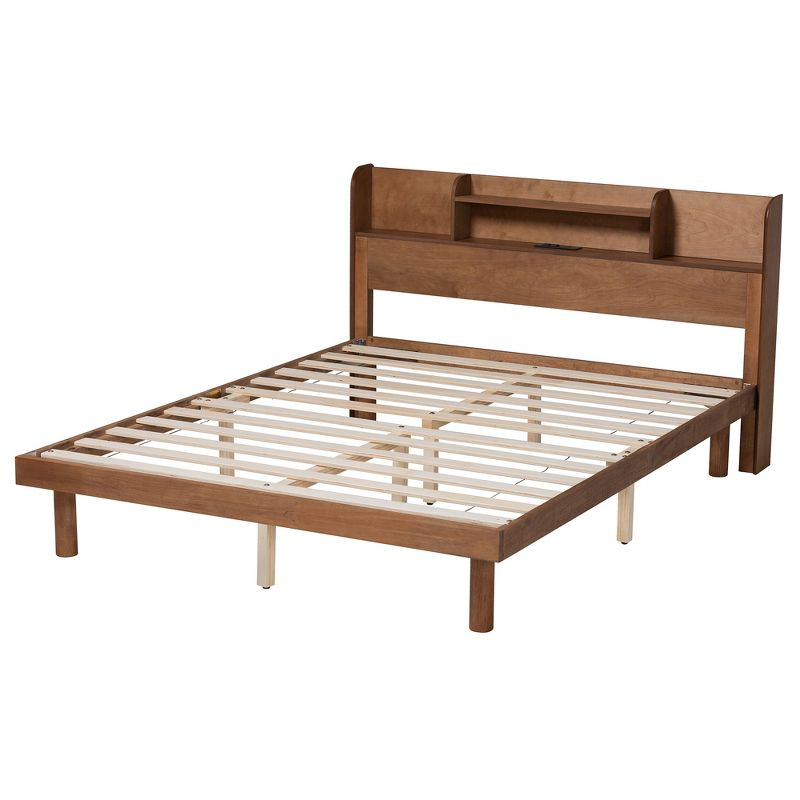 Baxton Studio Harper Mid-Century Modern Transitional Walnut Brown Finished Wood Full Size Platform Bed with Charging Station