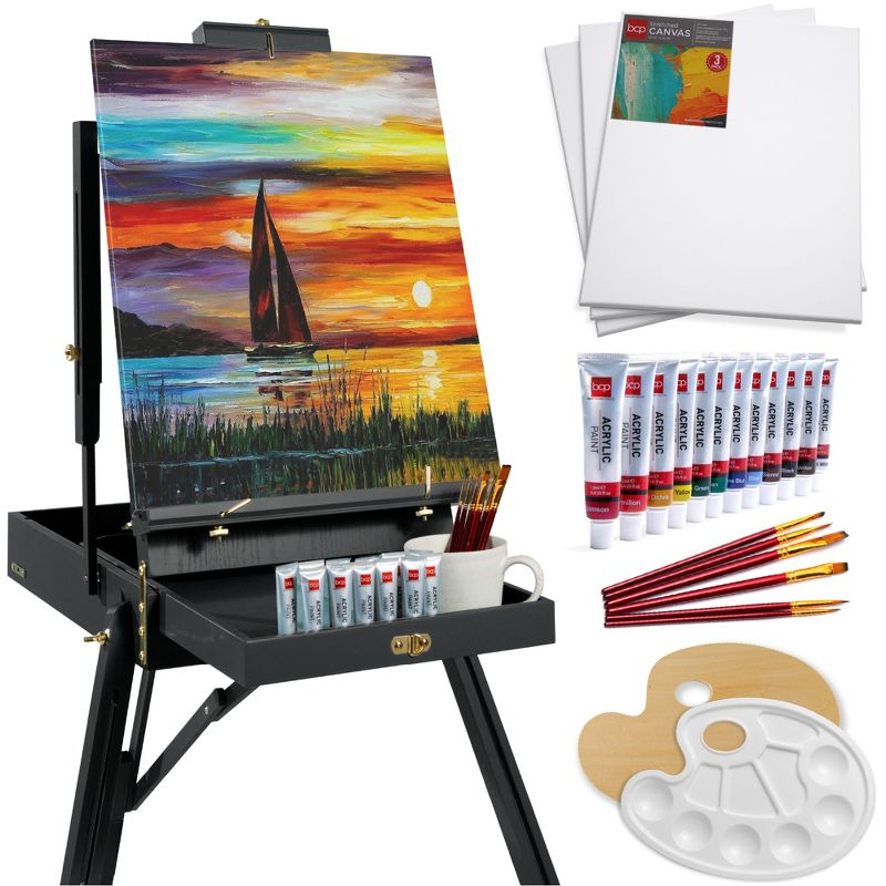 Best Choice Products French Easel, 32pc Beginners Kit Portable Wooden Adjustable Tripod  w/ Paint Supplies - Black