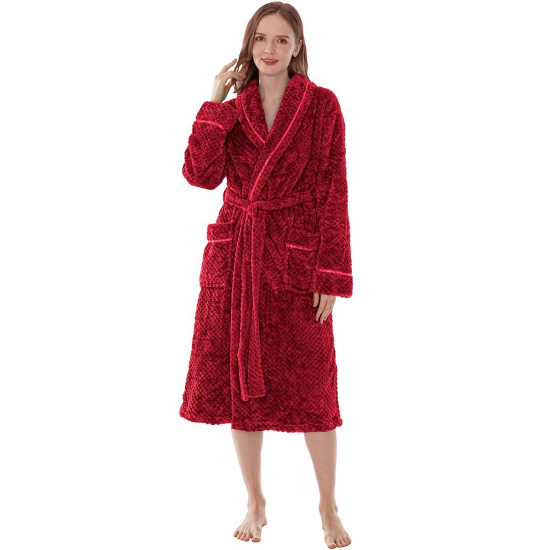 PAVILIA Women Plush Fleece Robe, Soft Textured Bathrobe, Lady Cozy Spa Long Robes, Fuzzy Satin Waffle Trim (Dark Red, Small-Medium)