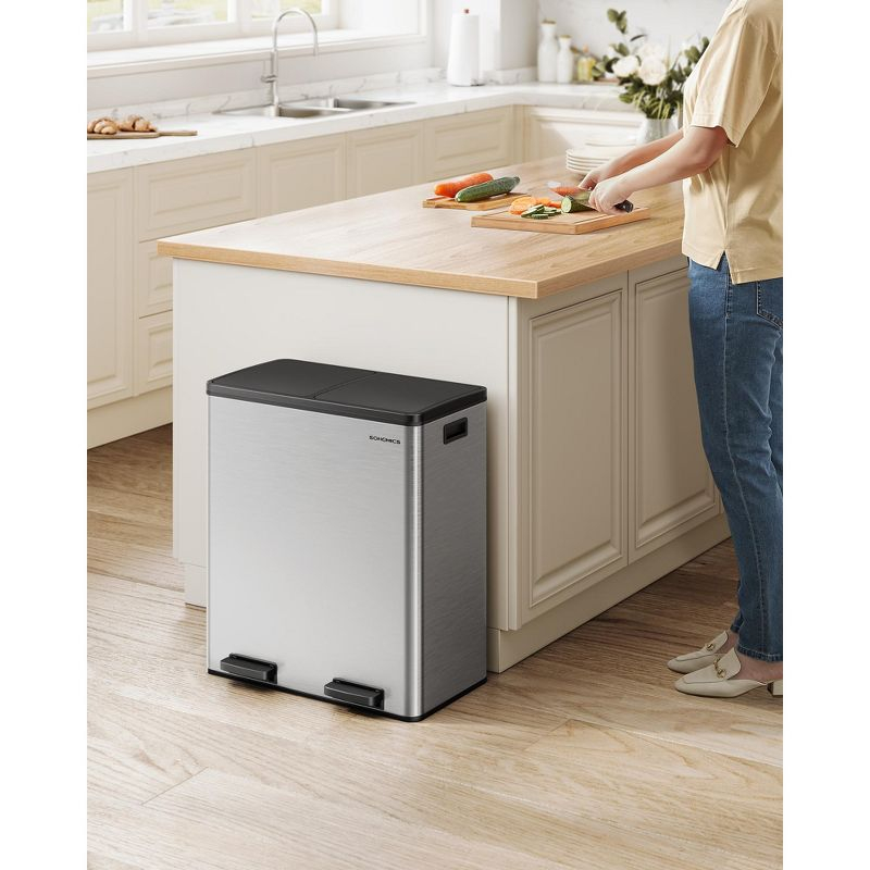 Trash Can, 2 x 8-Gallon Garbage Can, with 15 Trash Bags, 2 Compartments, Plastic Inner Buckets, Silver and Black