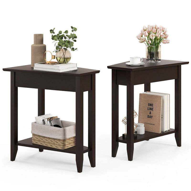 Tangkula 2 PCS 2-Tier End Table Irregular Narrow Sofa Side Nightstand w/ Storage Shelf Espresso