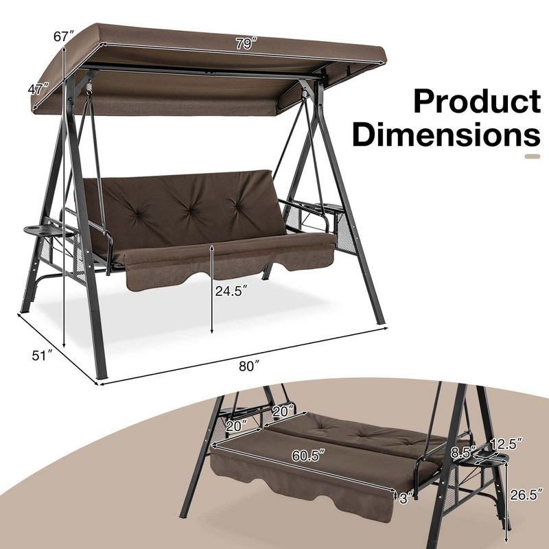 Costway 3-Seat Patio Porch Swing with Adjustable Canopy Soft Seat Back Cushions Side Tables Brown