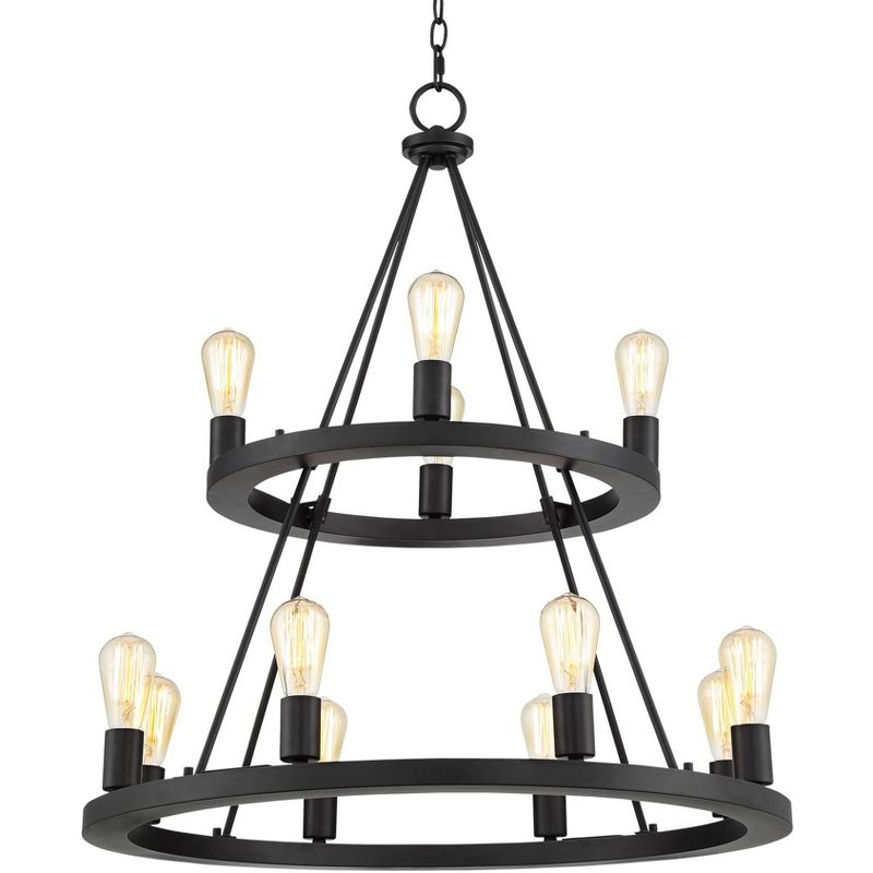 Franklin Iron Works Lacey Black Wagon Wheel Chandelier 29 1/4" Wide Industrial Rustic LED 2-Tier 12-Light Fixture for Dining Room Foyer Kitchen Island